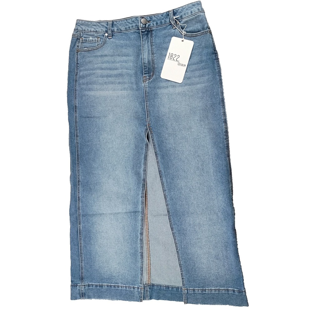 1822 Denim Skirt Women 14/32 Denim Split Front Maxi Medium Wash Blue‎ Jean NEW